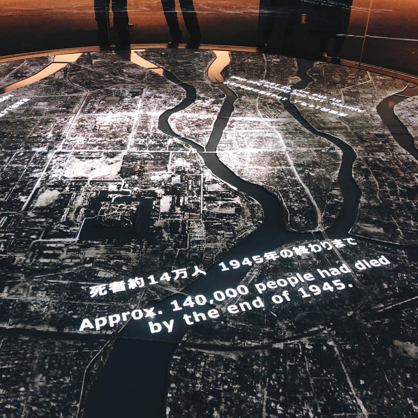 A moving projection of the blast radius over the city. The map has a before and after view, of which the latter one is a horrifying visualisation of the destruction caused by the bomb.