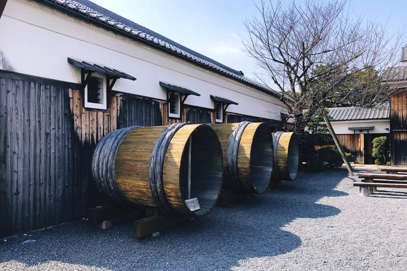 Empty sake barrels at the Gekkeikan Okura Sake Museum in Kyoto, Japan.