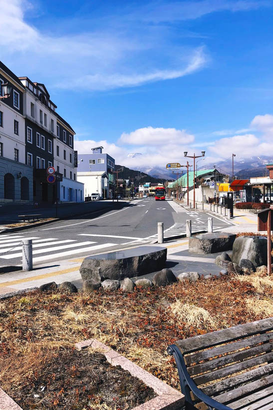 The main road of Nikko, Japan, as seen from the train station.