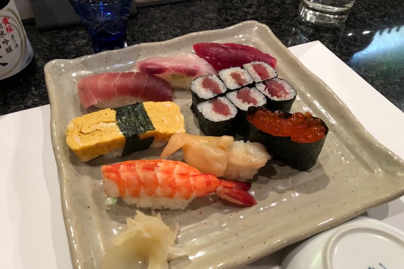 A sushi set at a small basement restaurant in Ryogoku in Japan.