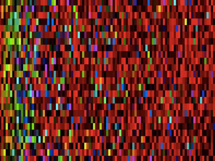 Generated field of colored blocks, gradually shifting in color, made with NodeBox.