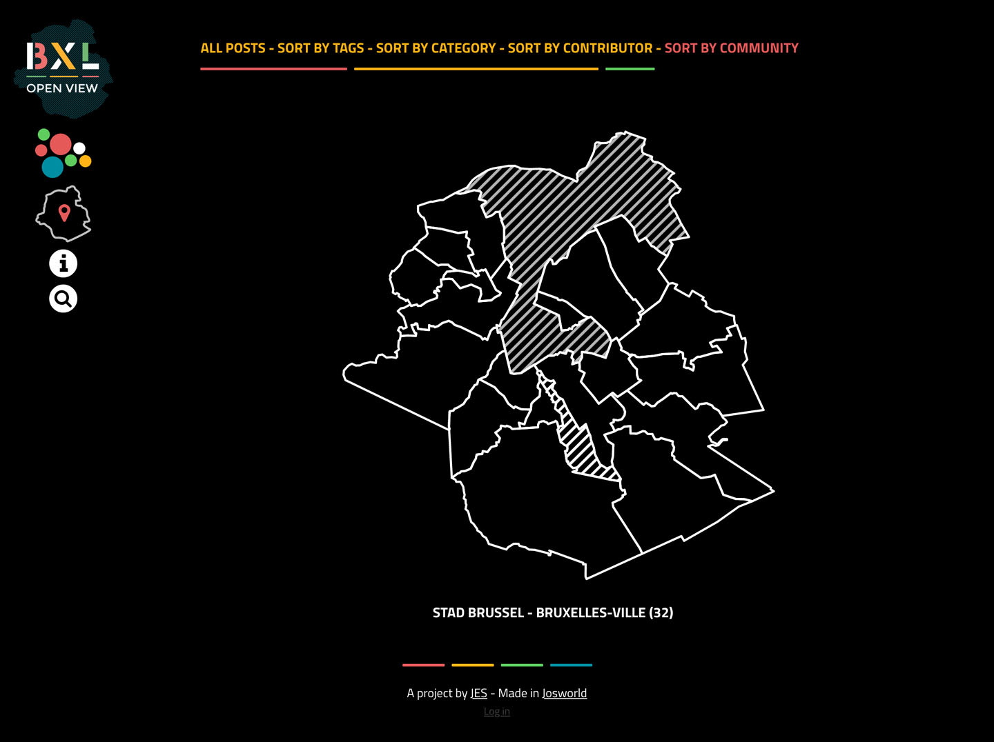 The filter mechanism of BXL Open View. You can sort by tags, categories, contributors and (in this case) by communities, which are visible on a map of Brussels.